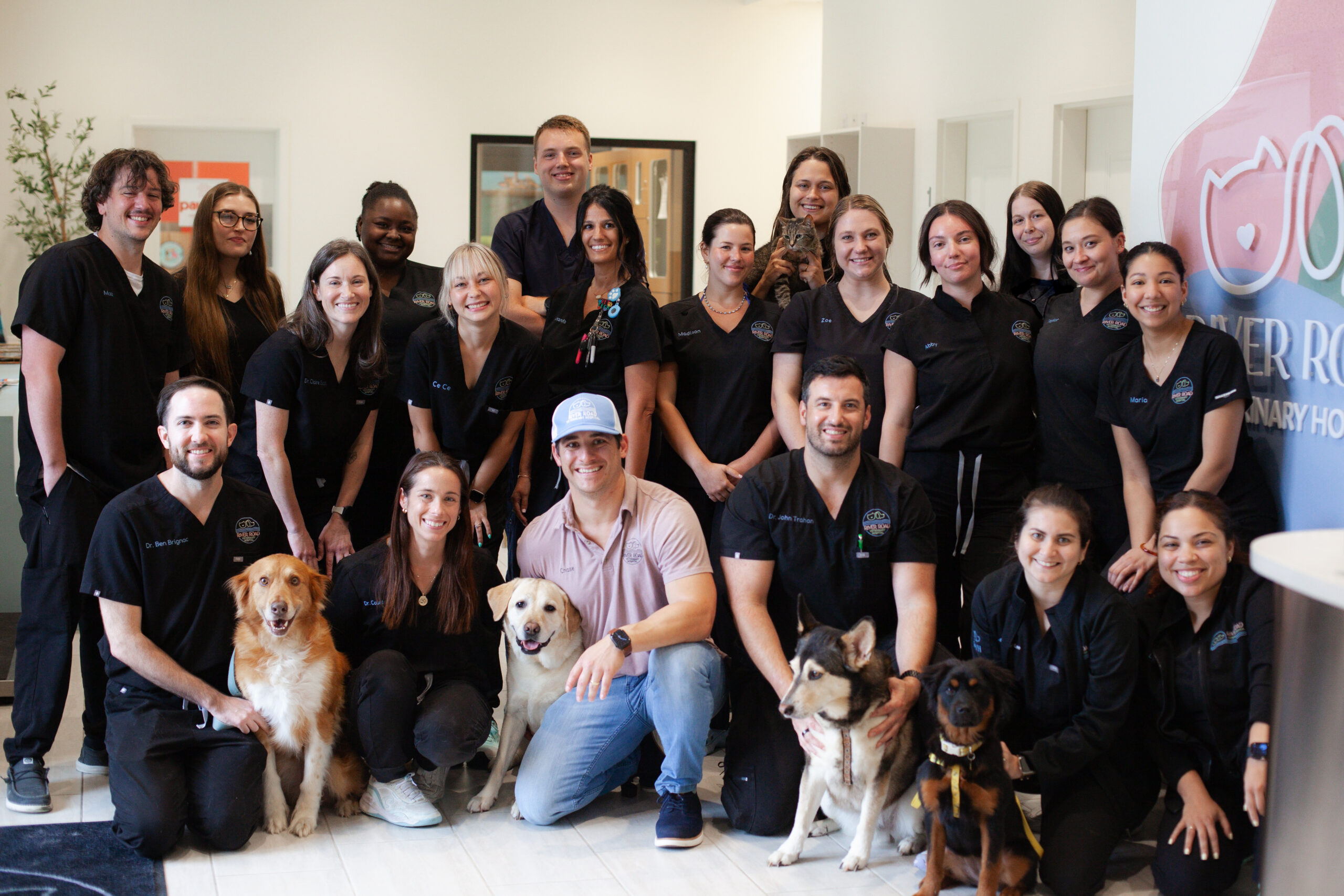 IMG_8471 2 A group of veterinary staff in matching uniforms pose indoors with four dogs and a man in casual clothes. Everyone is smiling, and the setting appears to be a bright veterinary clinic.