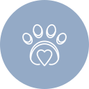 A light blue circle with a white outline of a paw print. The paw print features four oval pads above and a larger pad in the center, which has a heart shape within it.