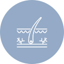 Illustration of a hair follicle set against a blue background. The diagram shows hair growing through layers of skin, depicted by horizontal lines.