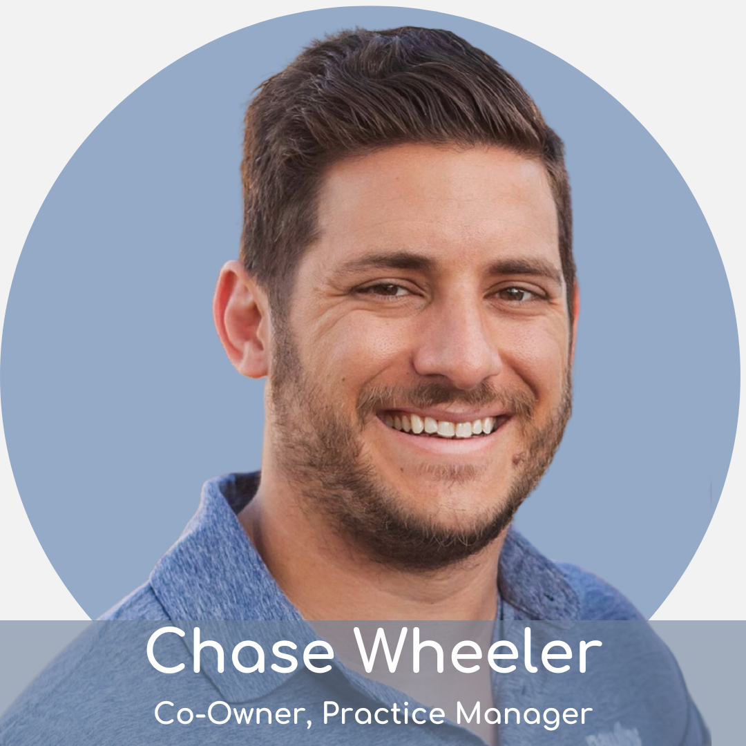 Professional portrait of chase wheeler, a man with short dark hair and stubble, smiling and wearing a blue shirt. text overlay identifies him as co-owner, practice manager. background is plain light blue.