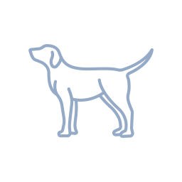 Outline drawing of a dog standing on all fours, facing left. The dog is inside a white circle with a simple blue line design, showcasing its profile smoothly.