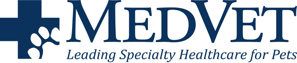 Logo of medvet featuring bold, blue text with a cross and a heart shape incorporated, underscored by the tagline "leading specialty healthcare for pets.