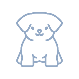 A simplified line drawing of a cute puppy sitting on its hind legs, inside a white circular background. The illustration is done in light blue lines, giving the puppy a friendly and approachable appearance.
