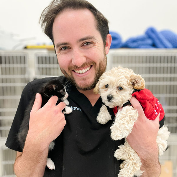 A man with a beard smiling and holding a black and white kitten in one hand and a small white and tan puppy in the other. both pets are wearing red bandanas.