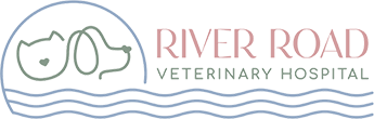 The image displays the logo of river road veterinary hospital, which features stylized representations of rolling hills, a river, and medical symbols, framed by the name of the hospital in custom typography, all suggesting a serene and professional veterinary care setting.