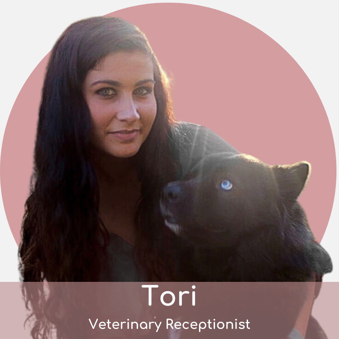 tj (1) A woman with long dark hair sits beside a black dog with a blue eye, both looking toward the camera. A pink circle background and text below read: "Tori, Veterinary Receptionist.