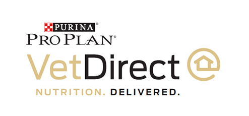 Logo of purina pro plan vetdirect featuring the words "purina pro plan" with a red and blue emblem on the left, followed by "vetdirect" with a house icon, and the tagline "nutrition. delivered." below in gray.
