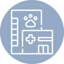 Icon representing a veterinary clinic, featuring a hospital building with a medical cross and a pet paw print above the entrance.